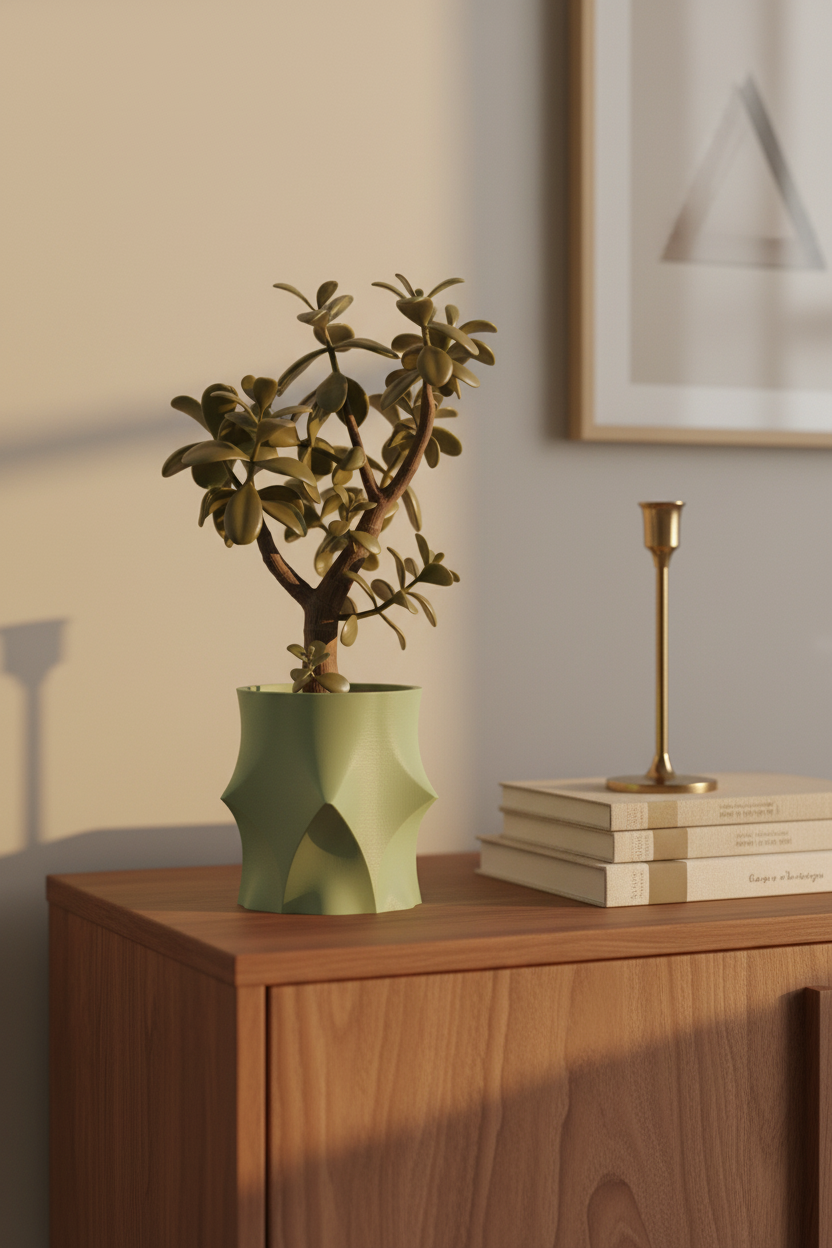 Sage green geometric planter with jade plant on walnut sideboard Scandinavian warm evening lifestyle