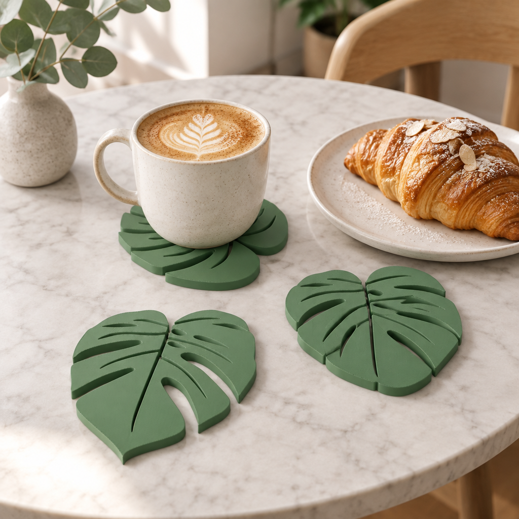 Sage green monstera leaf coasters with a cappuccino and croissant on a round marble cafe table