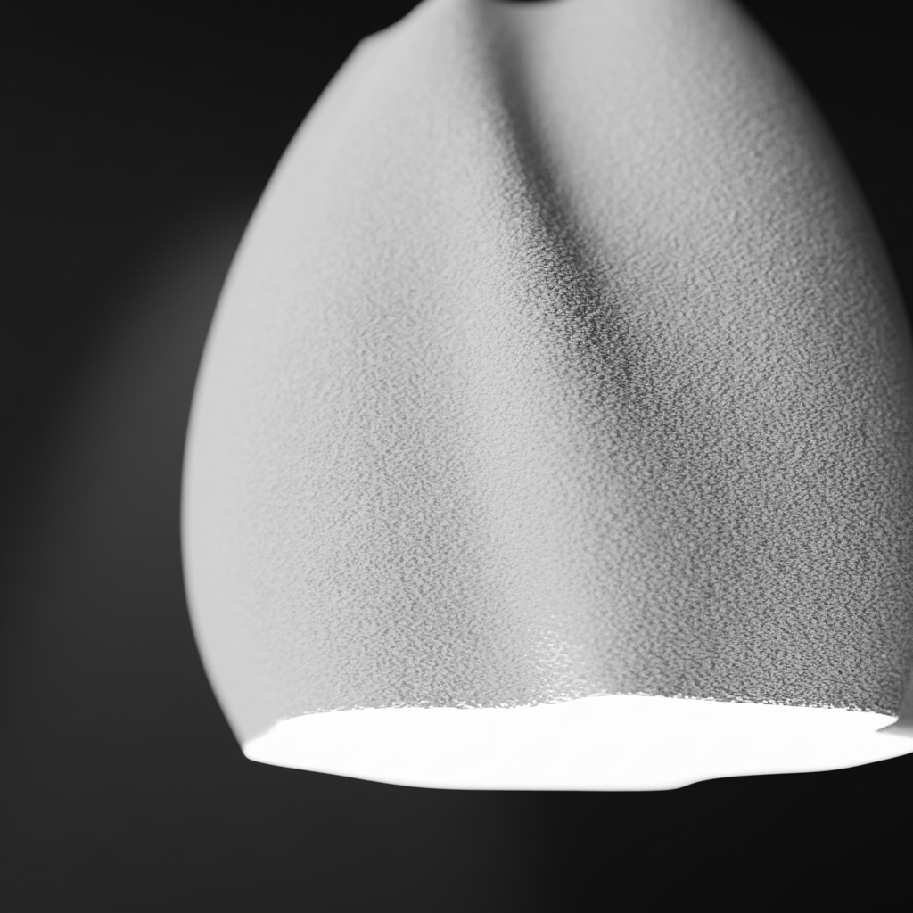 Close up macro detail of white organic flowing pendant lamp shade surface texture dramatic side lighting