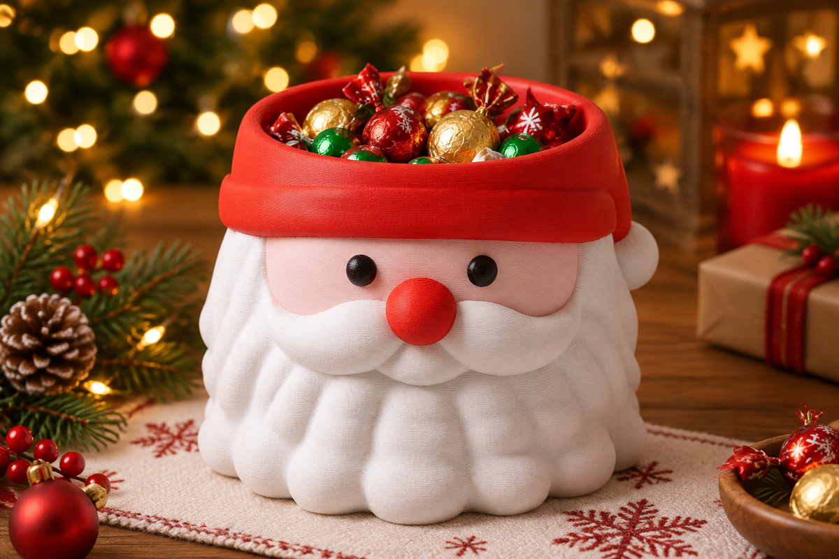 Elevated view showing wrapped chocolates inside the open Santa Head sweet bowl