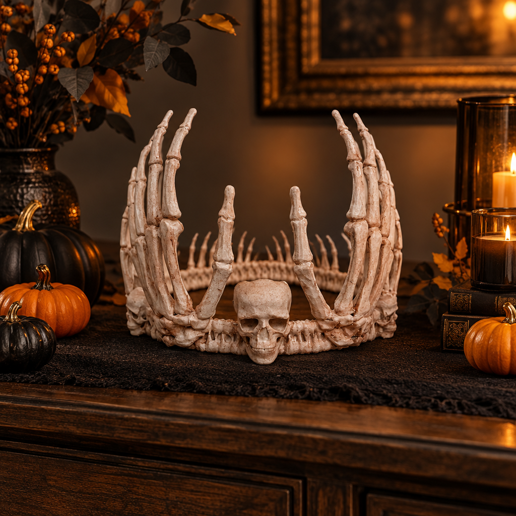 Skeleton Crown as the centrepiece of a tasteful Halloween tabletop display