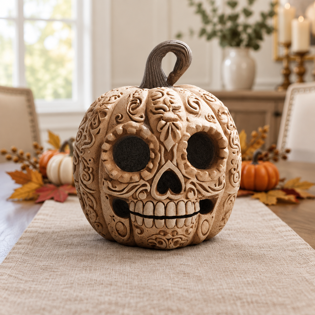 Pumpkin skull ornament on a neutral linen autumn dining table with leaves and small pumpkins