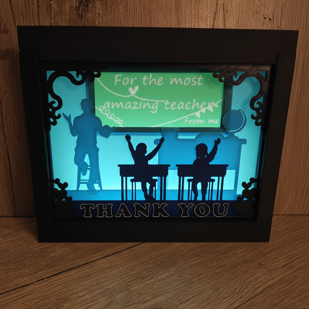 Close up of Teacher Thank You Shadow Box showing classroom scene detail with chalkboard inscription and THANK YOU lettering
