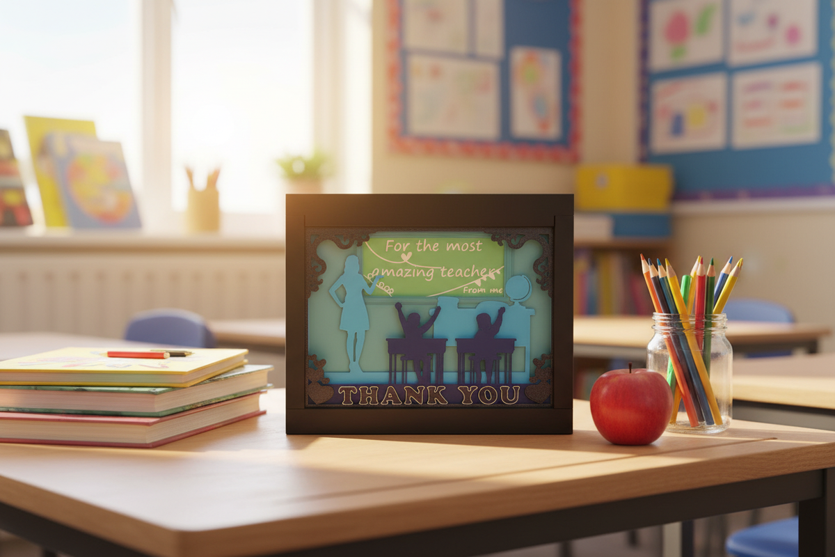 Teacher Appreciation Shadow Box on a classroom desk with colourful books, pencils and an apple