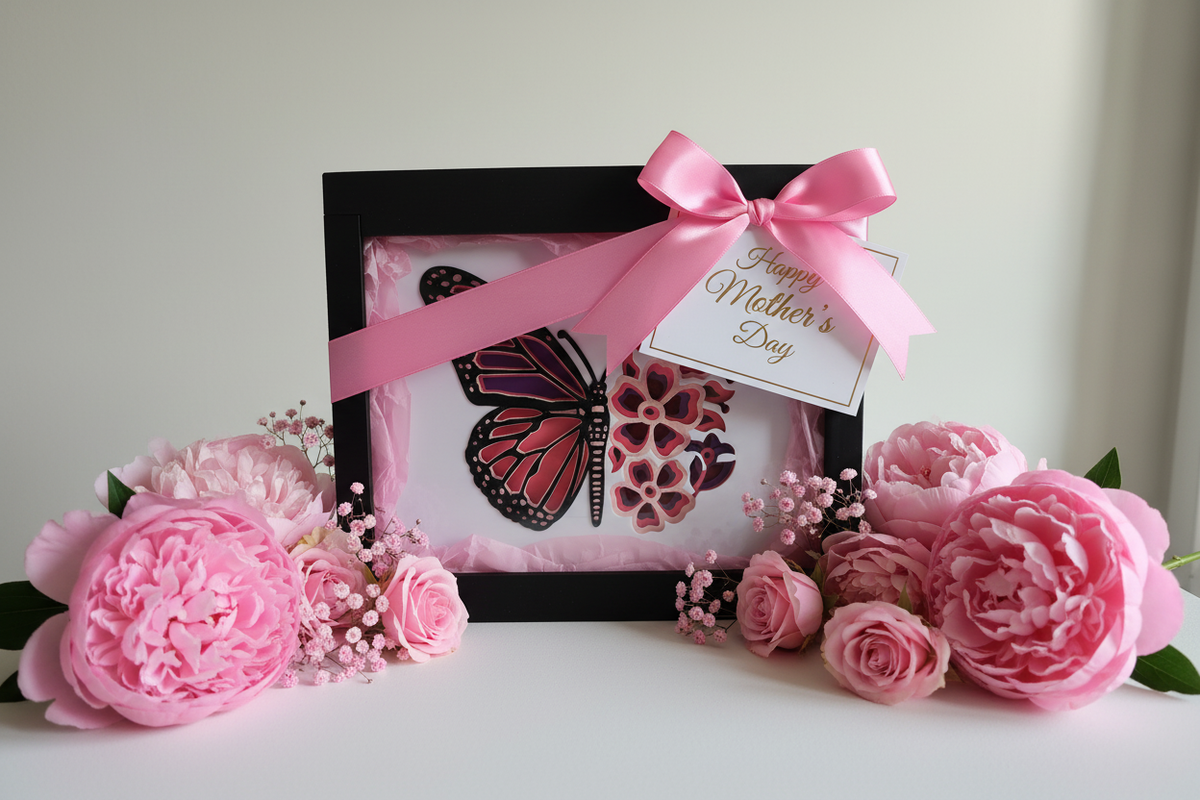 Butterfly shadow box presented as a Mother's Day gift with pink tissue paper and satin ribbon
