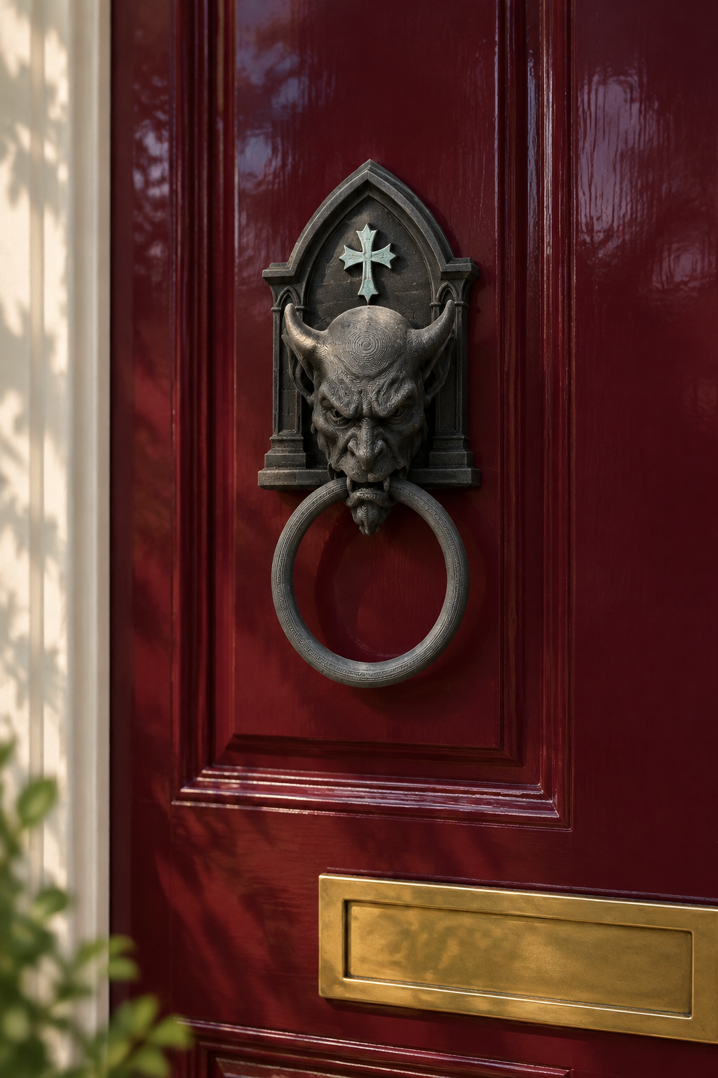Gargoyle knocker on burgundy Georgian door