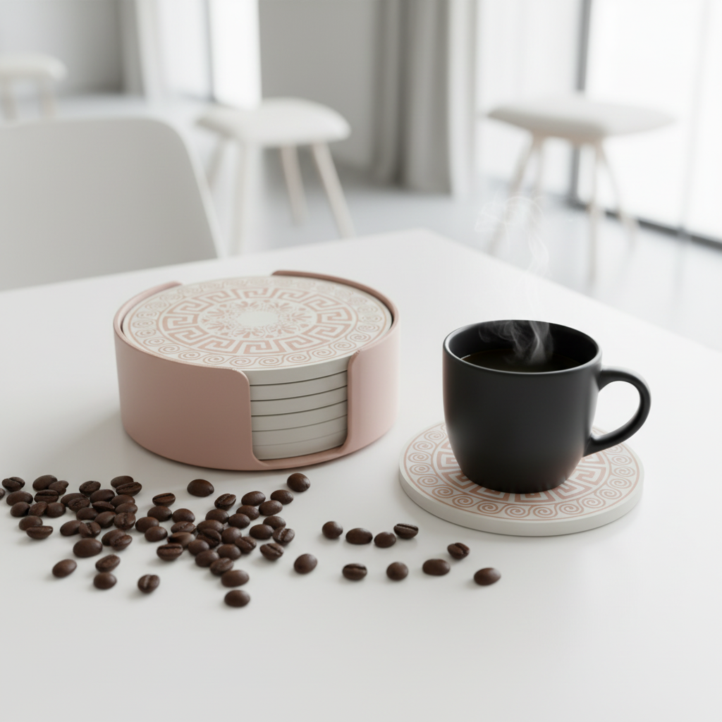 Greek Design Coaster Set - Pink colourway lifestyle 2