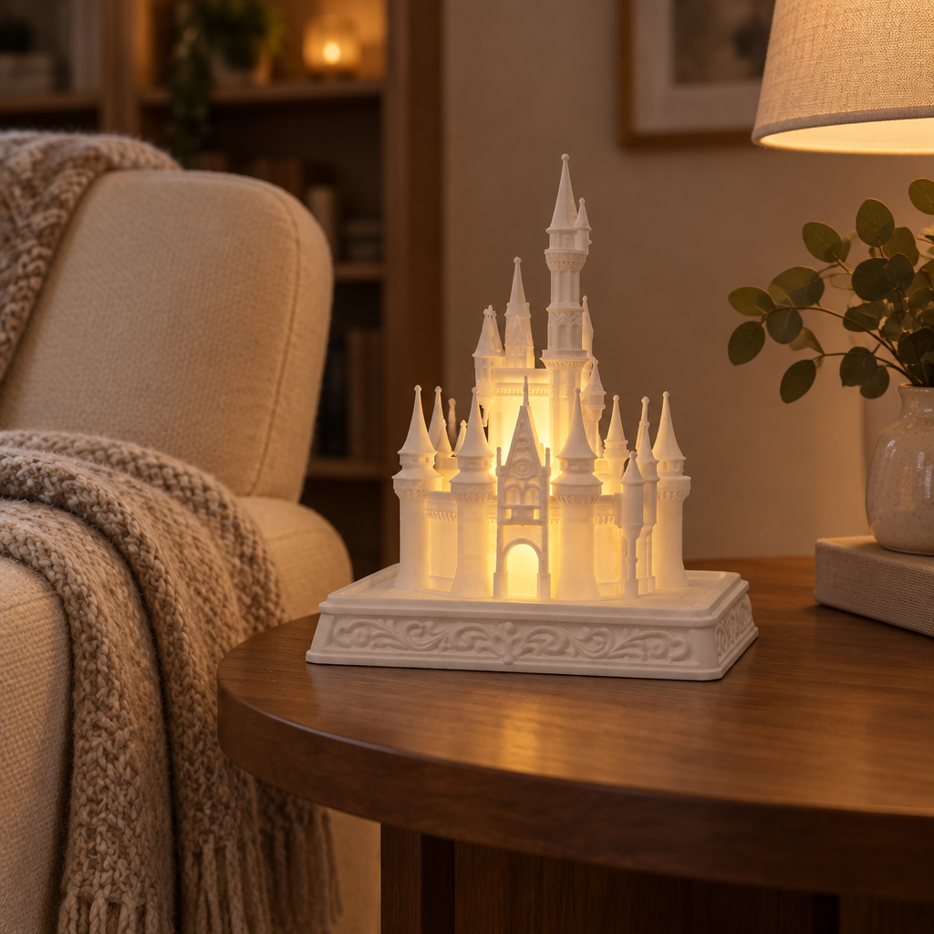 White castle tealight holder on a side table beside a cream armchair
