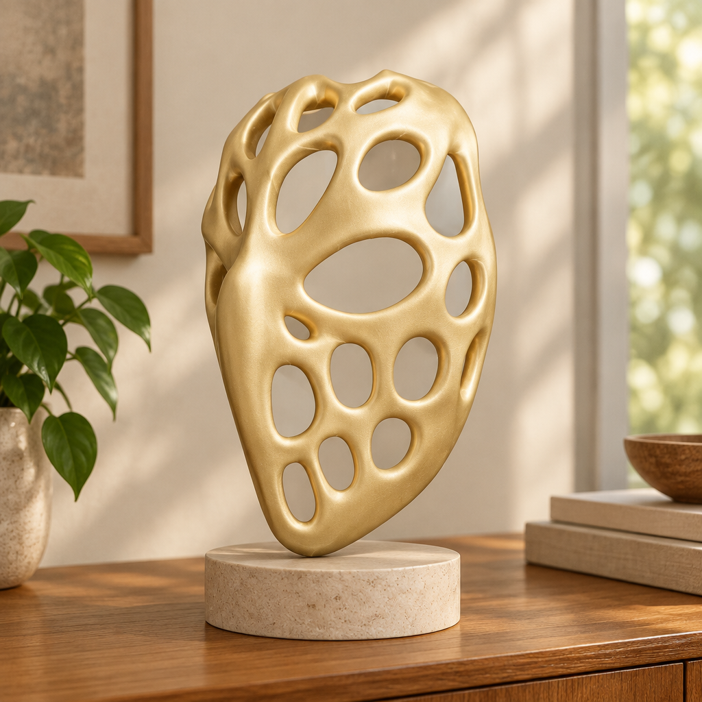Gold organic Voronoi Mask displayed on a warm neutral pedestal, no strap included