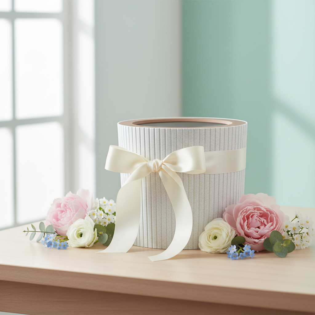 Ribbed Striped Trash Bin with Rose Gold Ring styled as a gift with ribbon and flowers