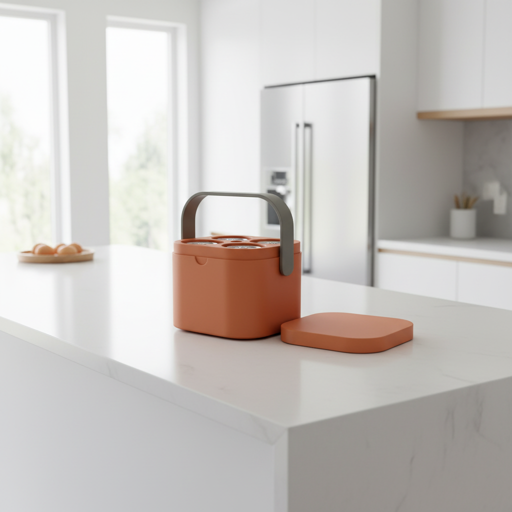Terracotta orange freezable can carrier on modern kitchen island with lid off showing four cans