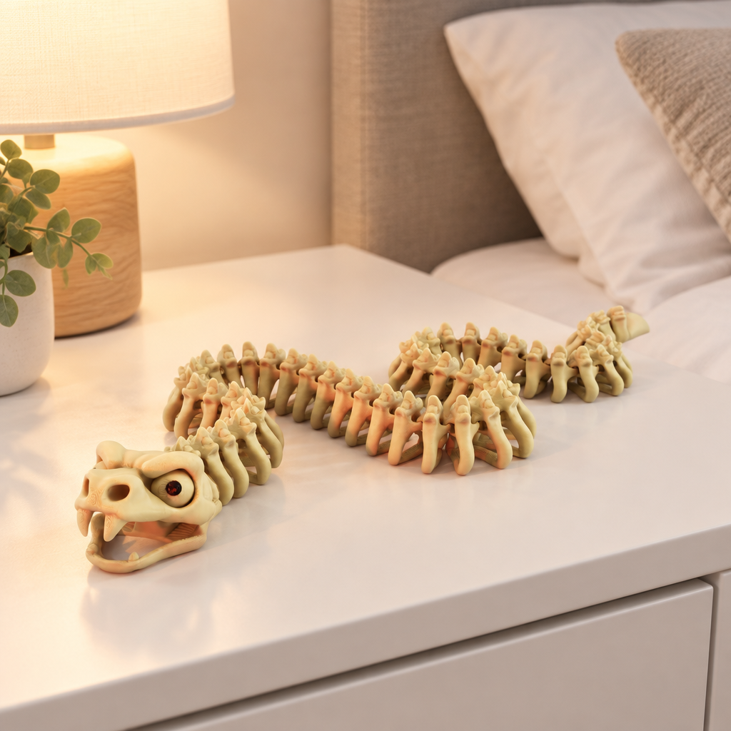 Bone-coloured Snake Skeleton fidget on a contemporary bedside table