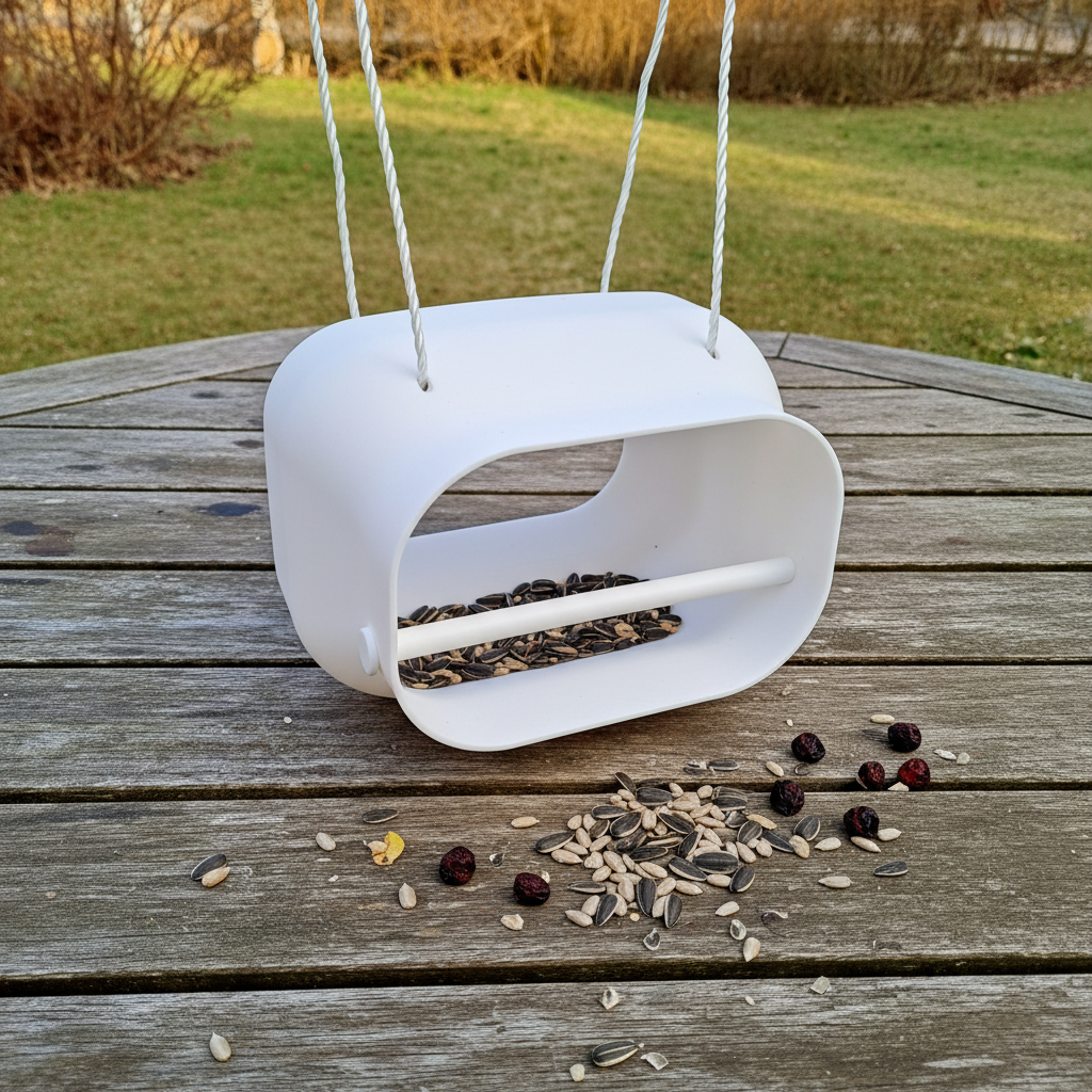 Bird feeding station on rustic wooden table with sunflower seeds and berries