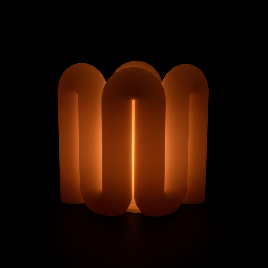 Wibble Curtain E27 Lamp warm amber glow translucent blush pink matte arch tube cluster extreme macro close up smooth rounded arch tube form deep U-channel gaps inner light glow pure black studio background soft directional raking light square editorial