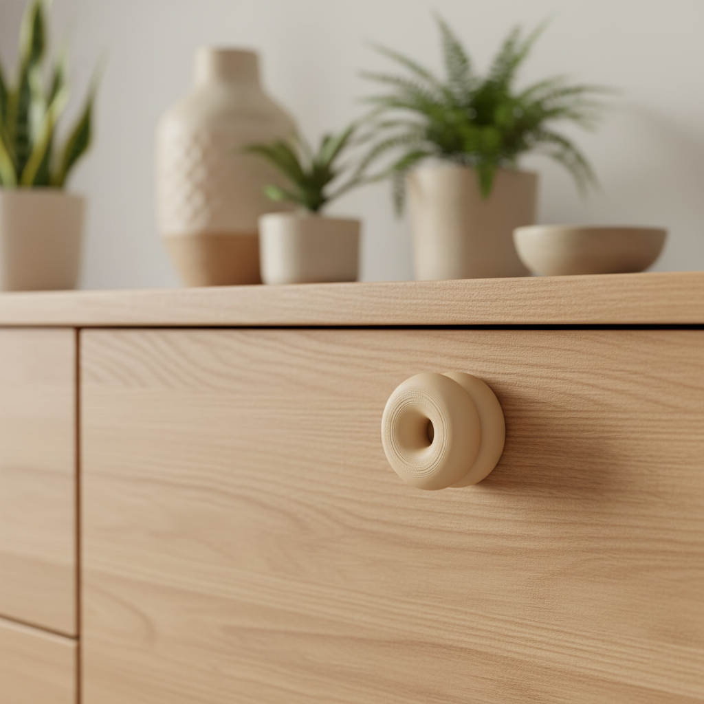 Beige double donut knob on oak sideboard - lifestyle