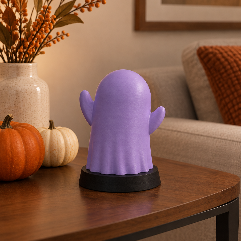 Smooth featureless purple Ghost Lamp switched off on a seasonal side table