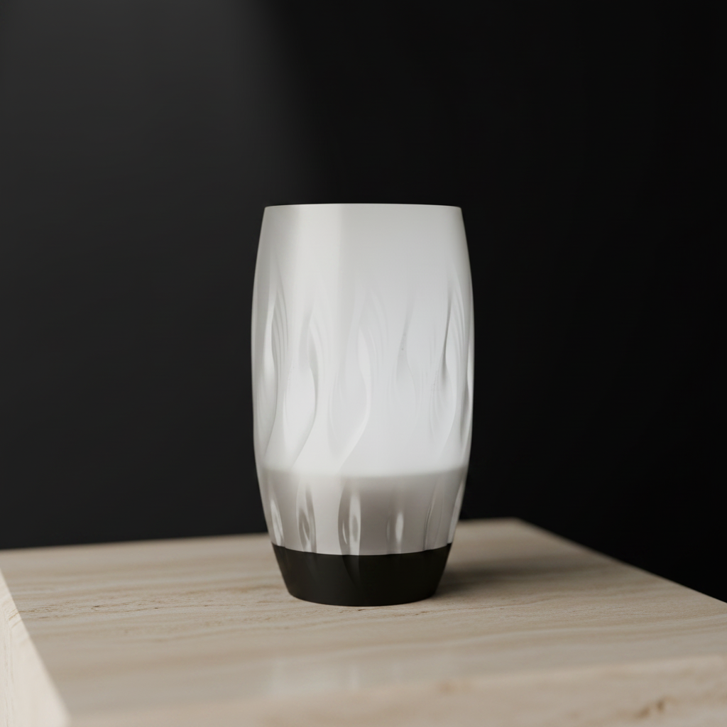 Twist Flame Vase chalk white translucent upper body matte black base organic wave flame dimple texture macro close up pale travertine black studio background soft studio light every facet in sharp sculptural detail square editorial