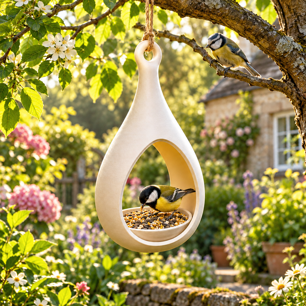 Elegant Drop bird feeder among spring blossoms