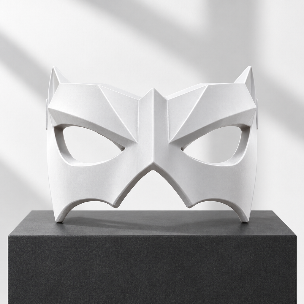 White geometric Shadow Sentinel mask in a modern gallery, strap not included