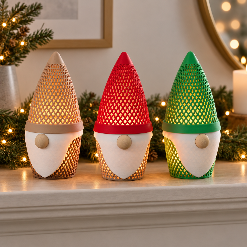 Beige, red and green gonk tealight holders styled on a Christmas mantel with garland