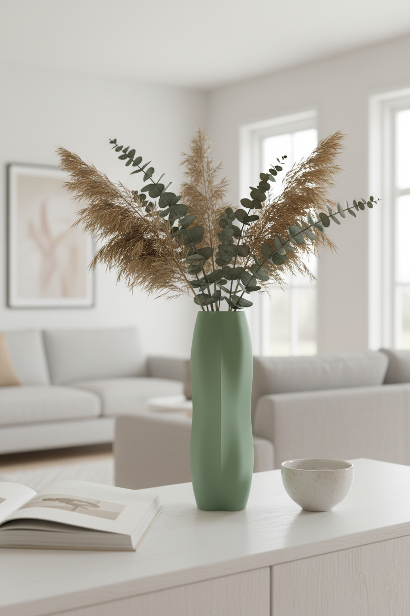 Sage green Yoga Flow vase with pampas on oak sideboard - lifestyle