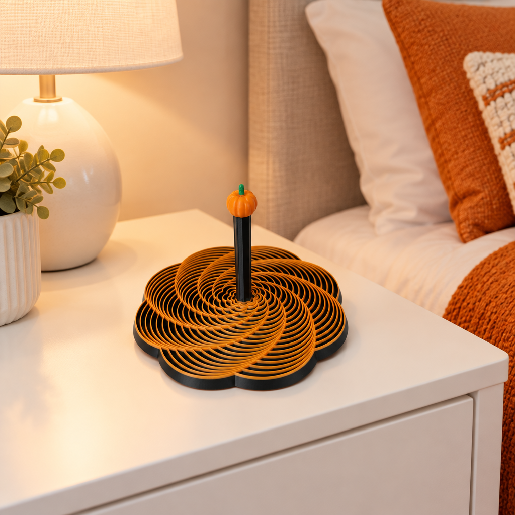 Pumpkin spiral fidget on a contemporary white bedside table