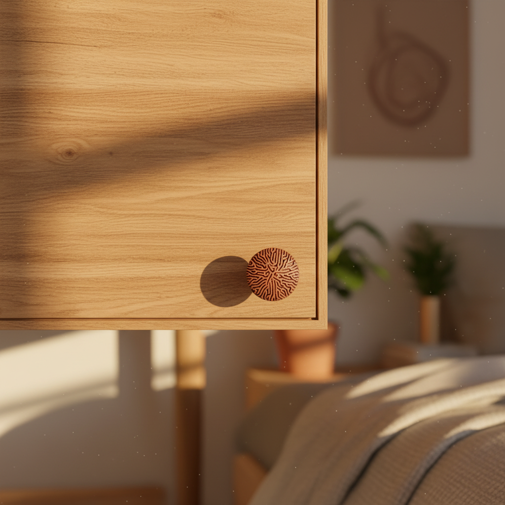 Reaction Diffusion Coral Cabinet Knob on oak bedroom dresser