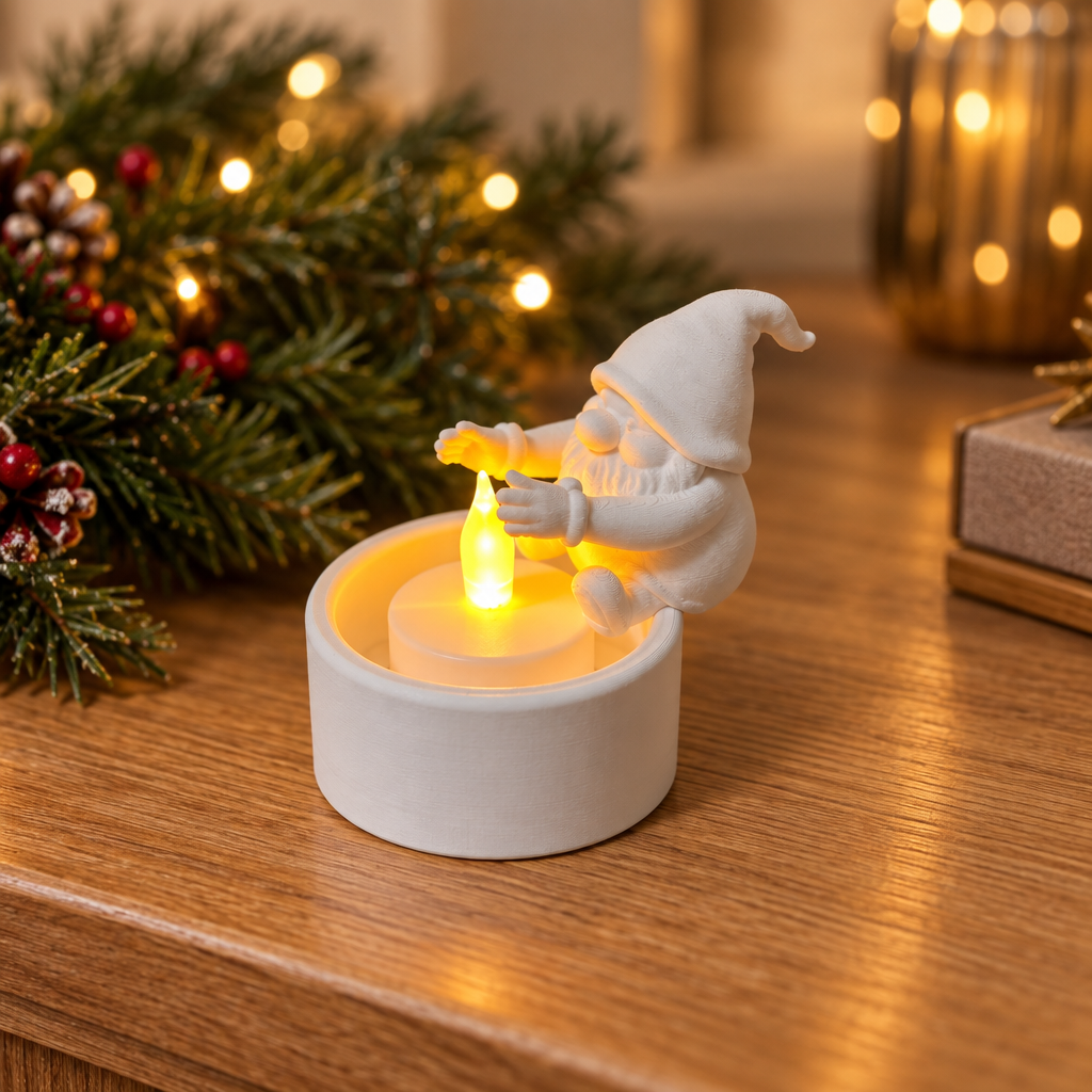 Santa gnome tealight cup holder on a warm oak console with Christmas greenery
