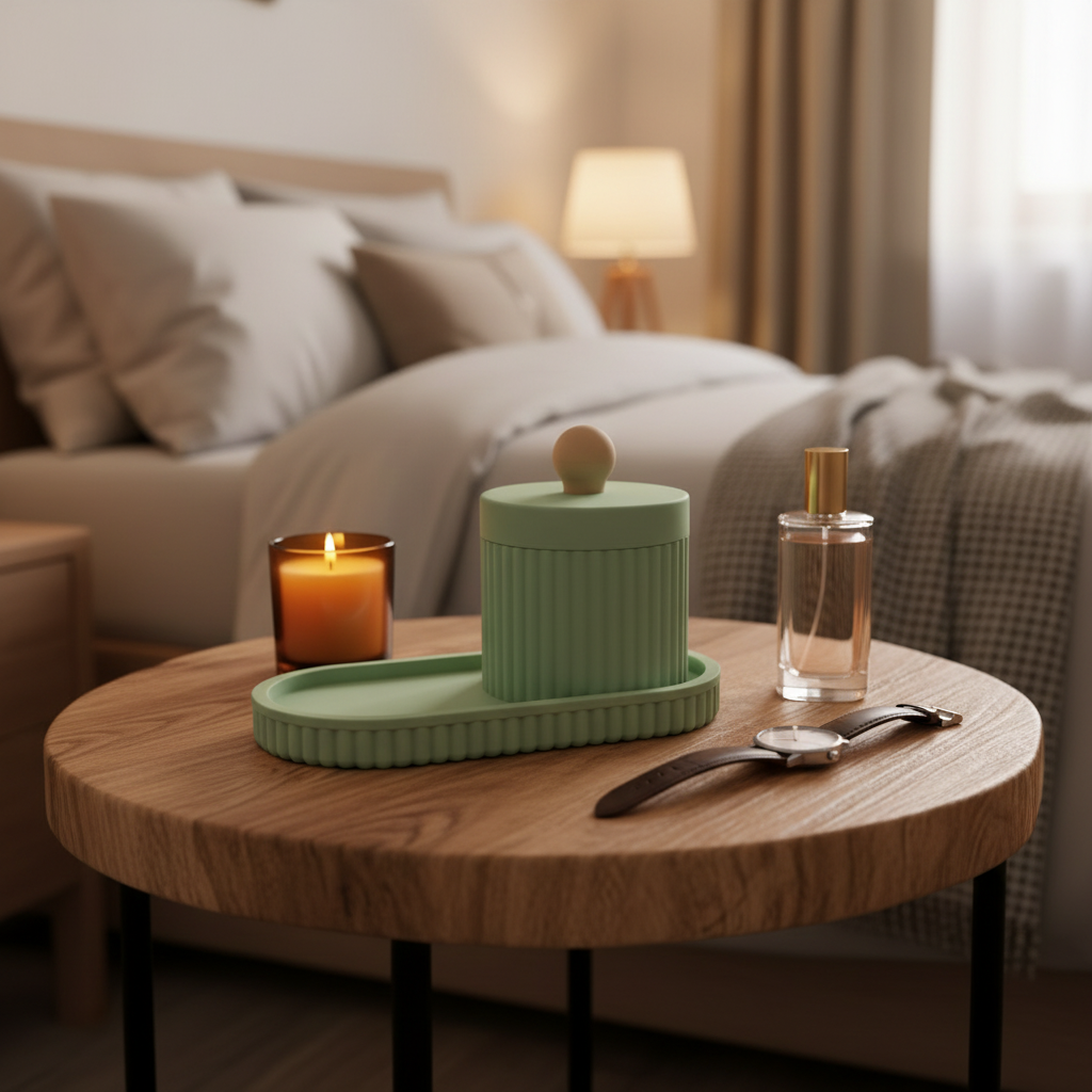 Sage green ribbed organiser set on wooden bedside table with candle, watch and ring dish