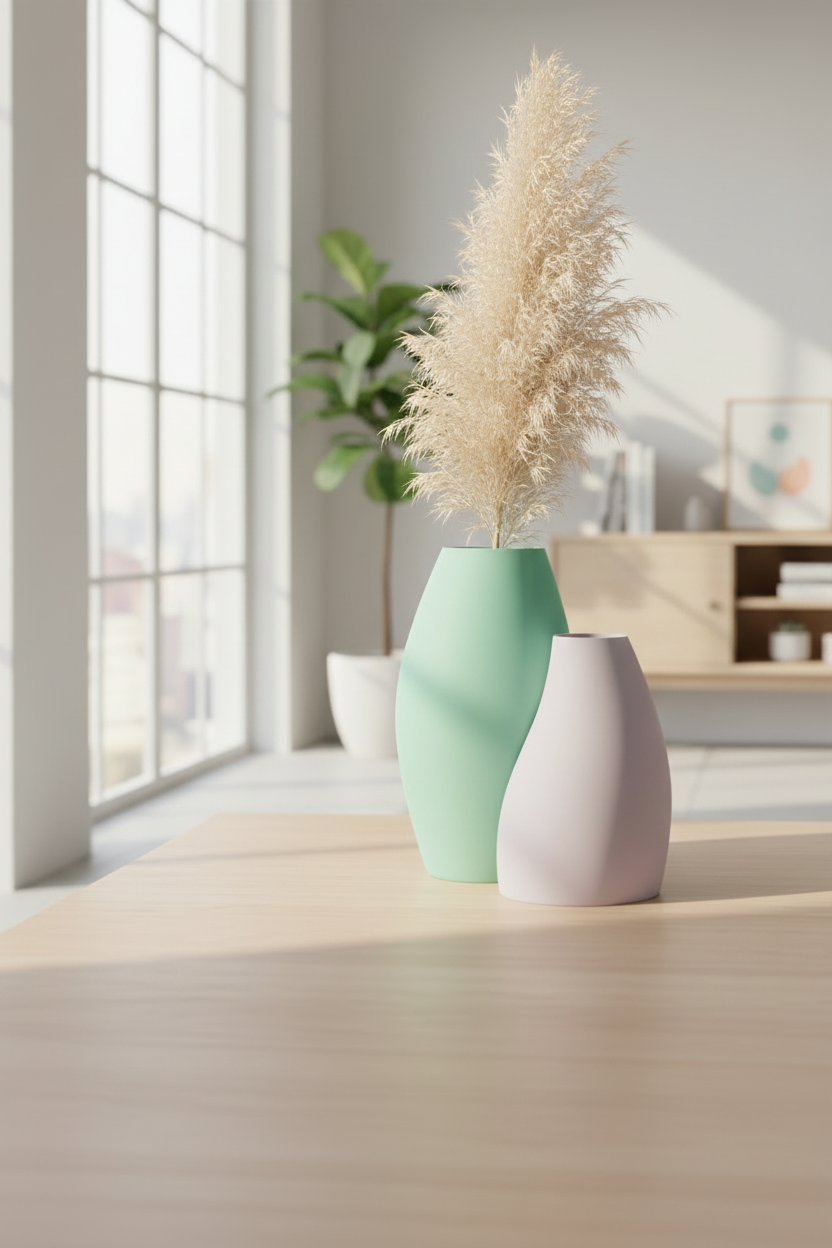 Curved Minimalist Vases pair sage green and soft lavender smooth biomorphic ovoid pale oak sideboard pampas grass soft Japandi interior