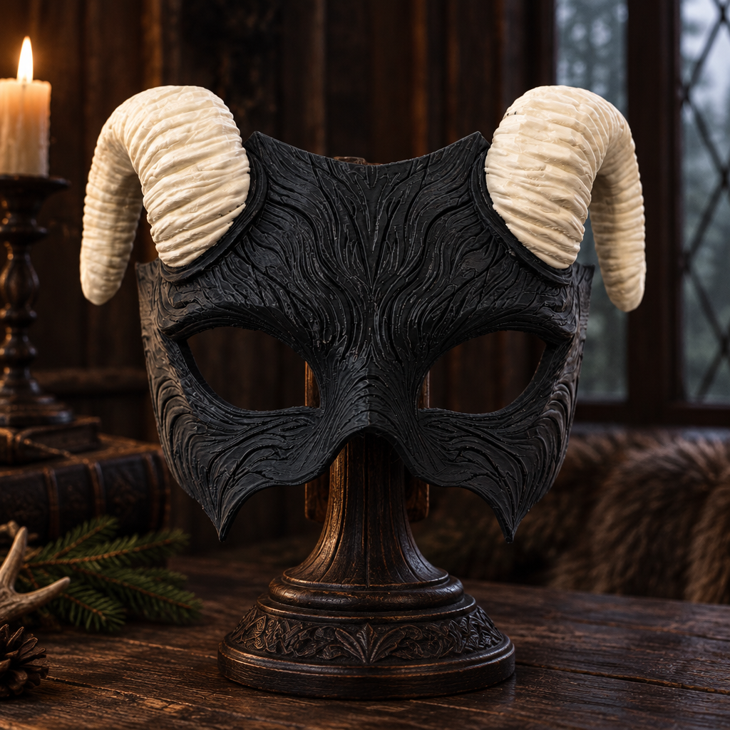 Black Faun Mask with ivory curled horns in a gothic forest lodge, strap not included