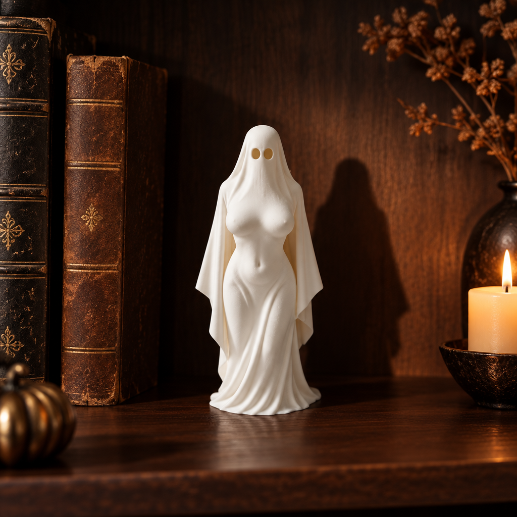 Ghost Lady figurine on a dark bookshelf