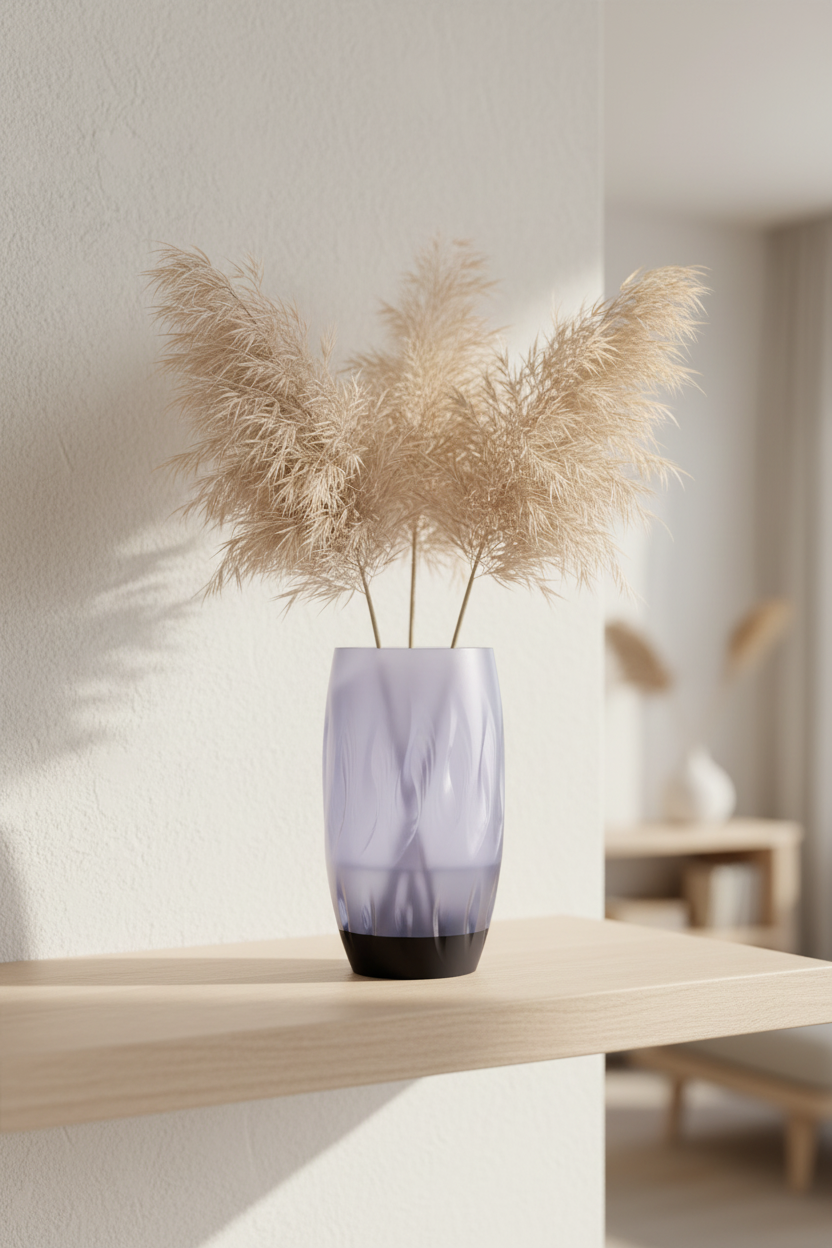 Twist Flame Vase translucent lavender purple upper body matte black base organic wave flame dimple texture dried pampas grass pale oak shelf bright Japandi minimal living room morning light portrait