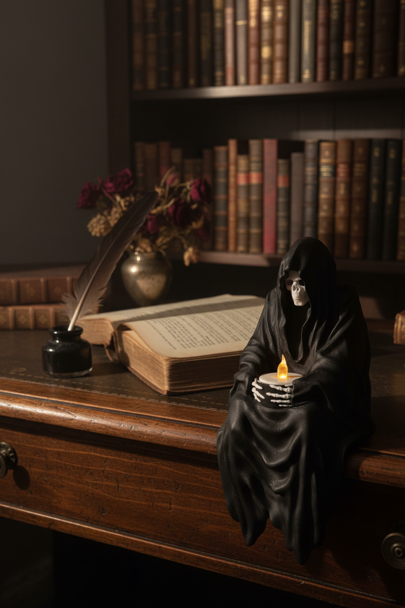 Grim Reaper shelf sitter figurine black matte hooded skull face flowing dark robes skeletal hands holding glowing candle dark wooden desk open antique book quill pen ink pot dried flowers gothic study scene portrait