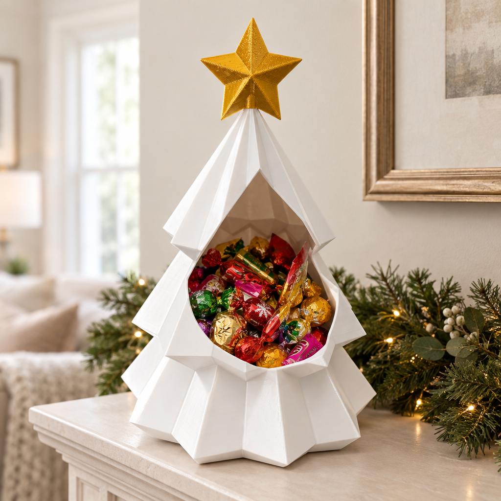 White Christmas tree snack bowl with a gold star and wrapped sweets on a mantel