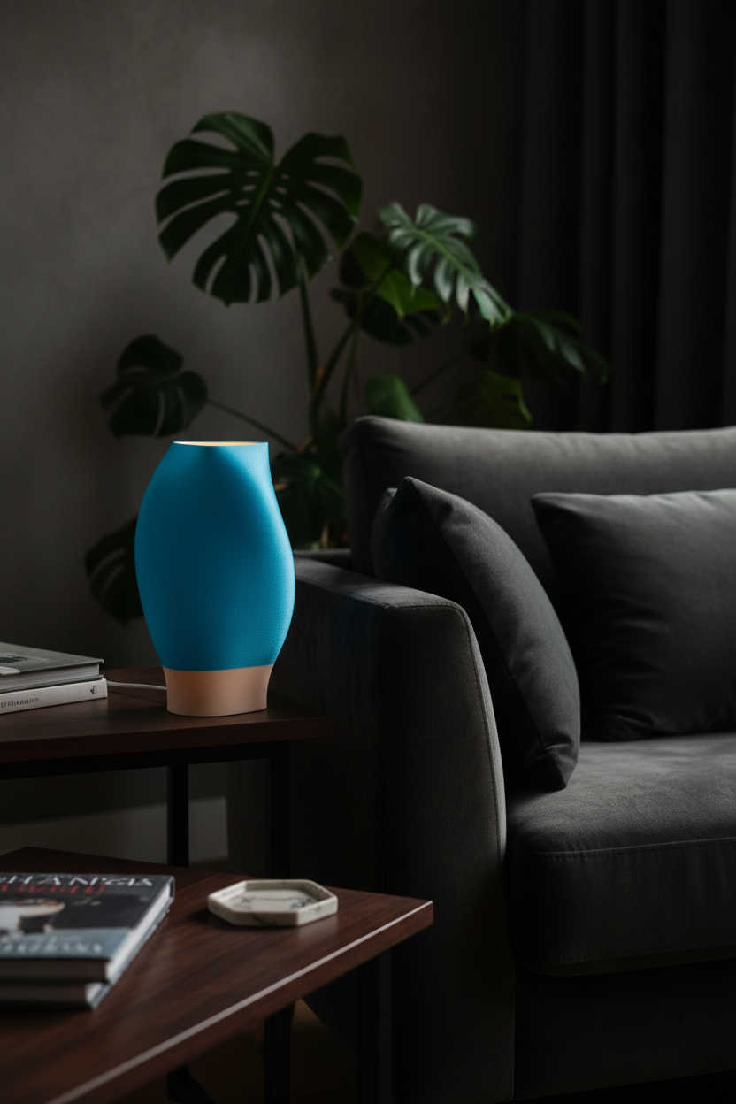 Flow Organica lamp glowing in moody living room corner with monstera