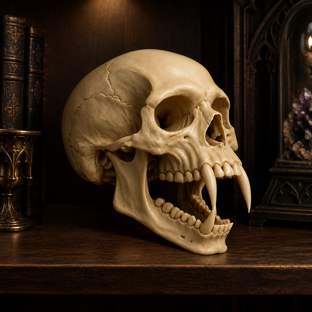 Pale vampire skull sculpture with long fangs resting directly on a dark shelf