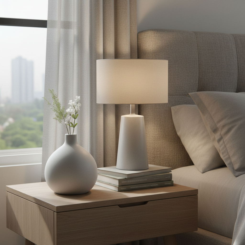 Minimalist geometric vase on a bedside table in a neutral bedroom