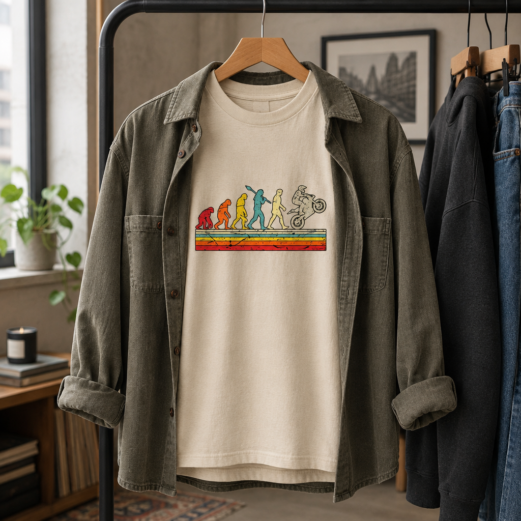 Beige Evolution of the Motorcyclist T-shirt styled with coffee and accessories