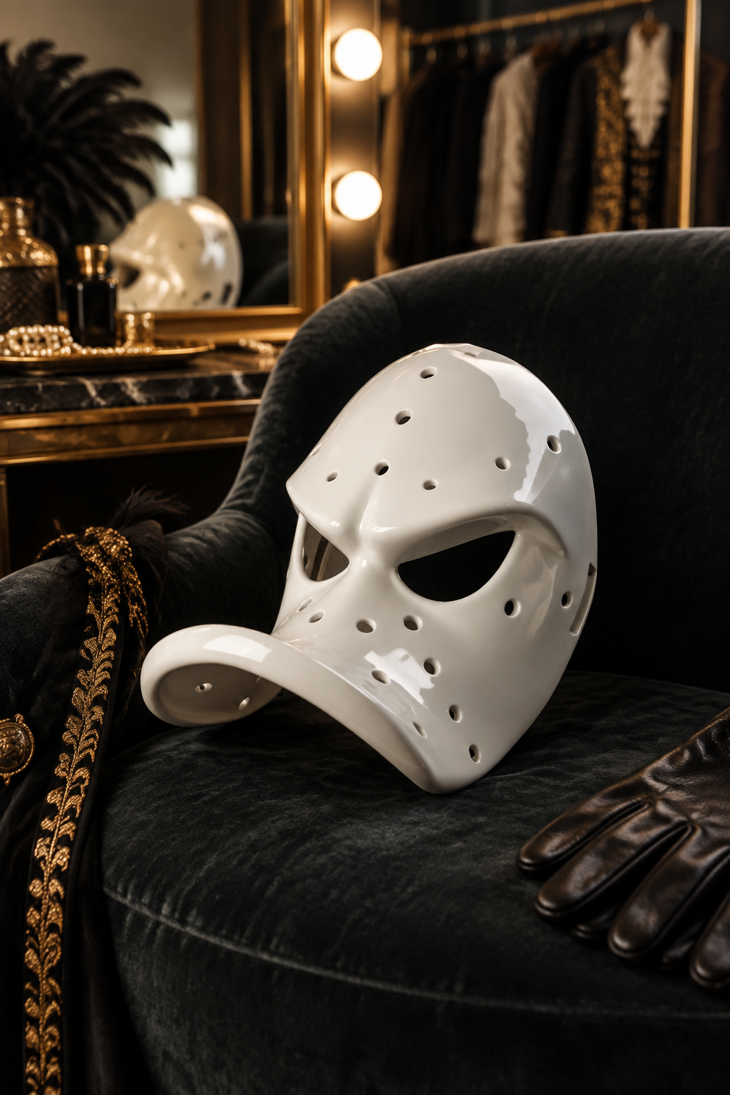 White perforated Duck Bill Mask on a dark velvet chair in a dressing area