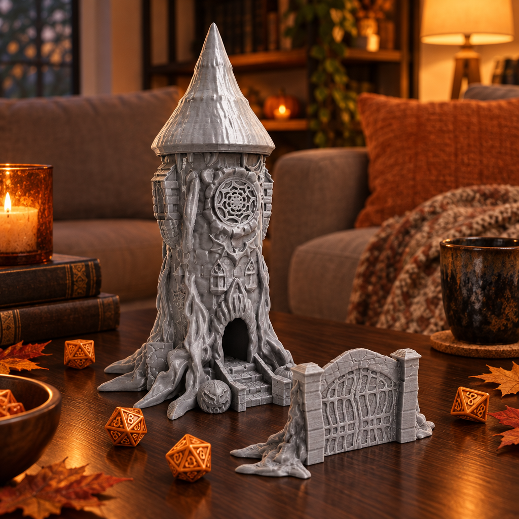 The Halloween dice tower and dice arranged on a cozy game-night coffee table