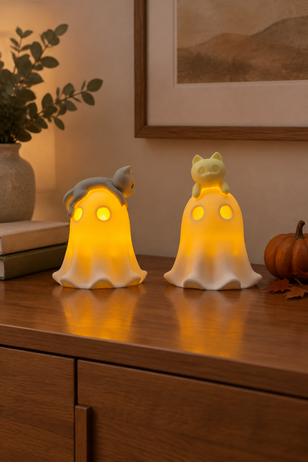 Ghost with cat tealight holder set displayed together on a living room sideboard with autumn accents