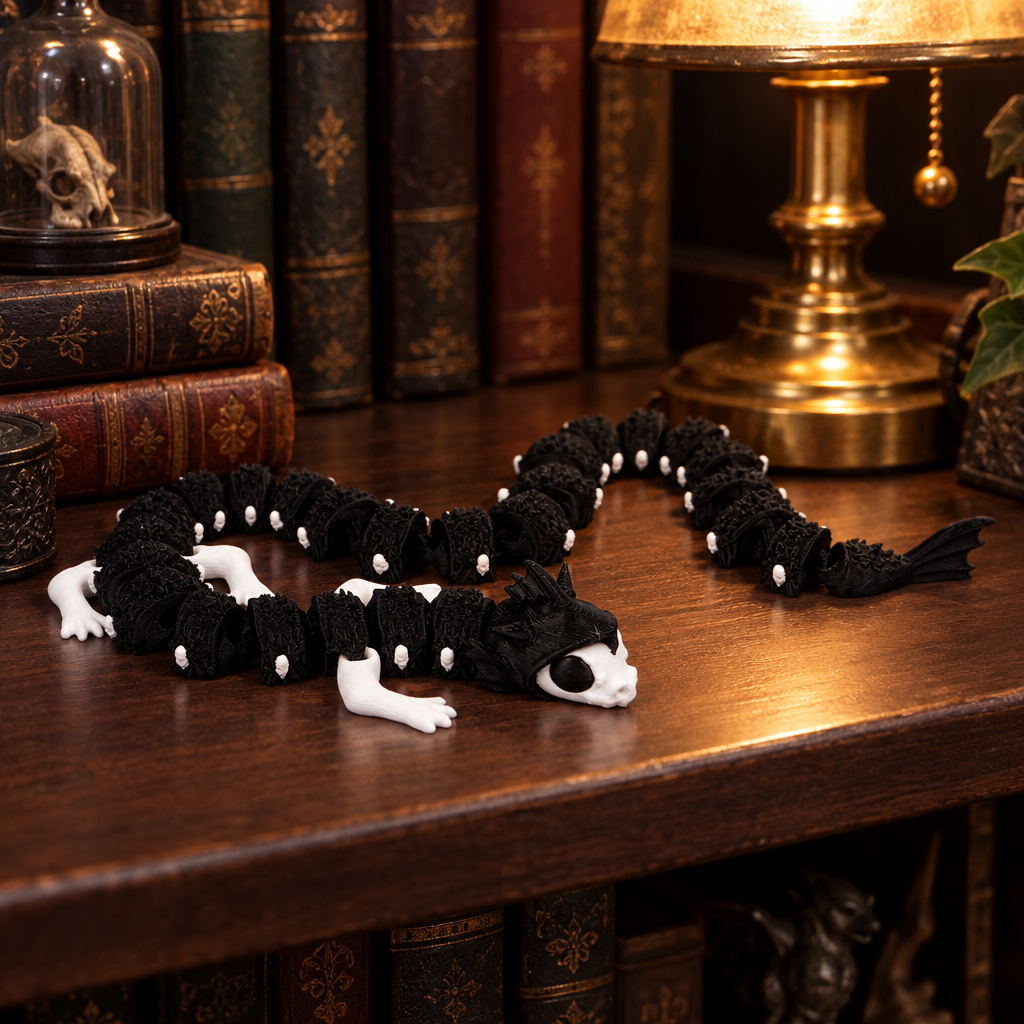 Articulated Reaper Dragon on gothic library shelf