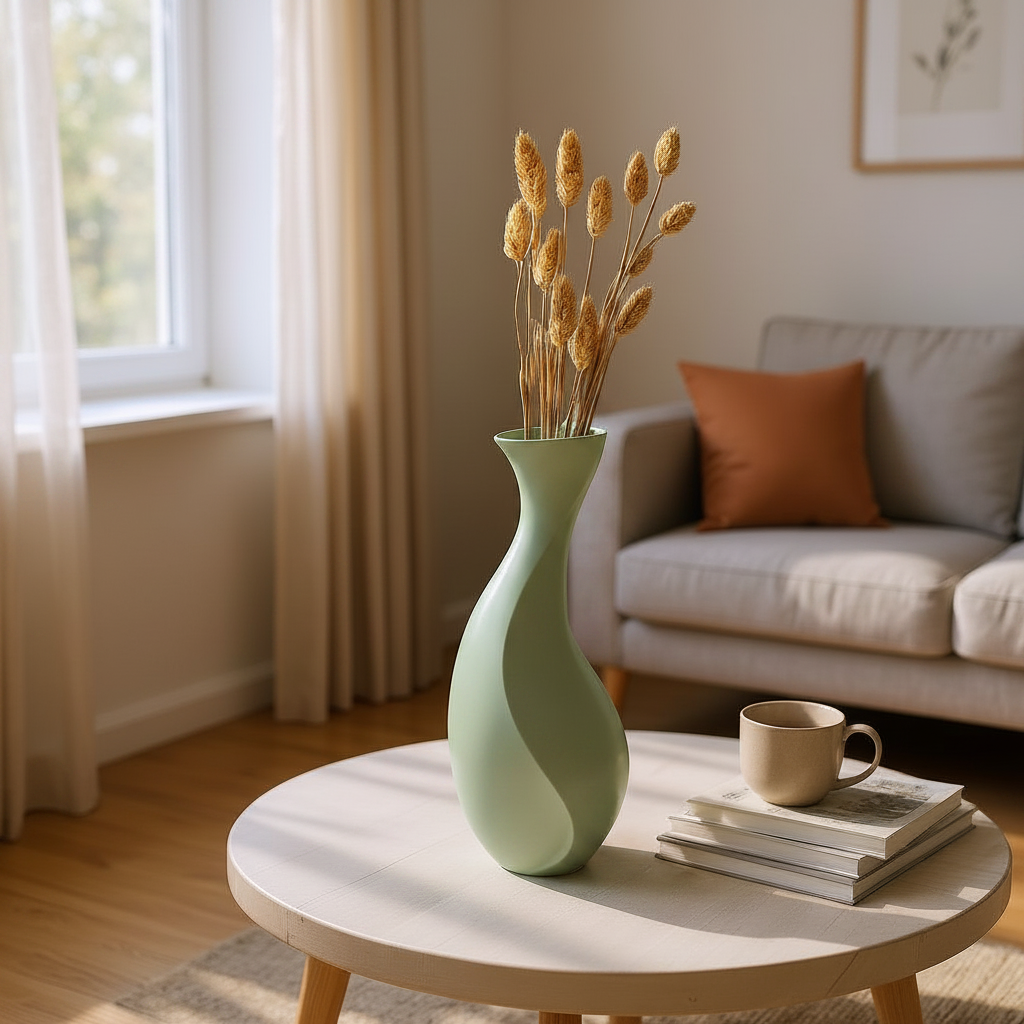 Aura vase in sage green with dried pampas grass on a marble side table in a modern Scandinavian interior