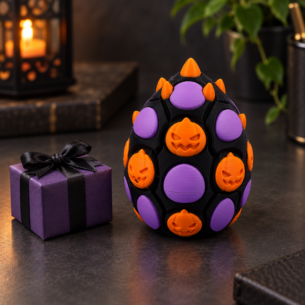 Halloween Dragon Egg beside wrapped tiny gift