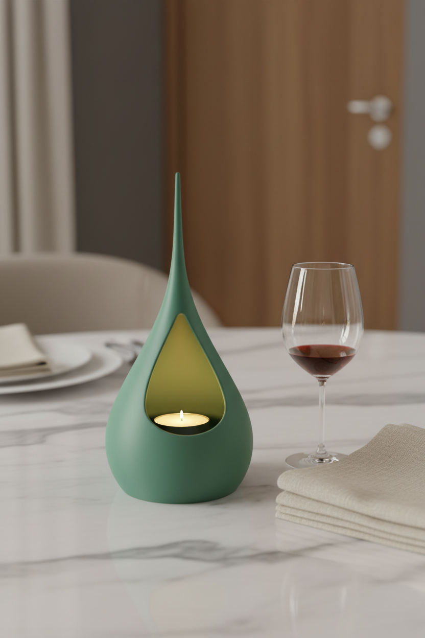 Teardrop LED Tealight Holder sage green warm gold glow on white marble dining table beside linen napkins and wine glass candlelit dinner