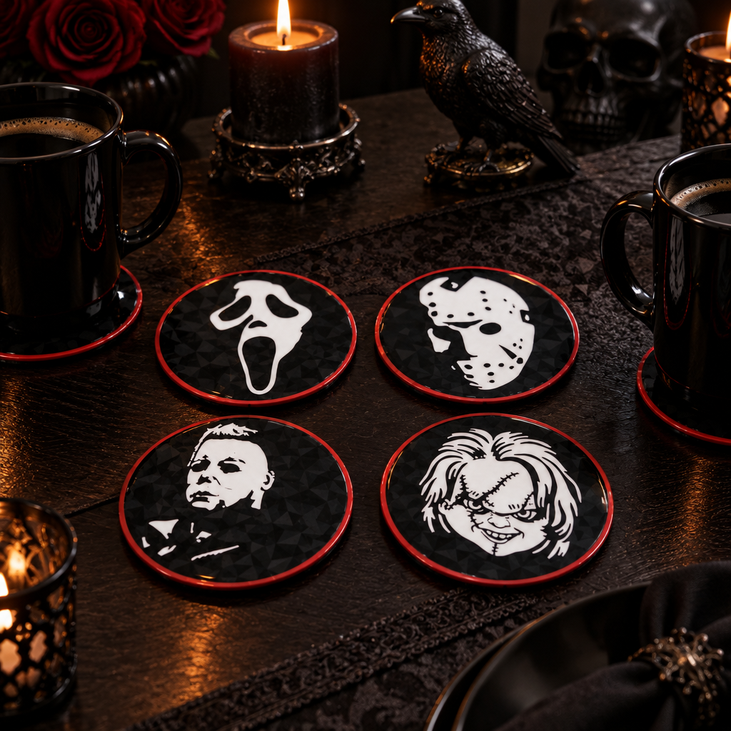 Four black, white and red horror character coasters with mugs on a gothic dining table