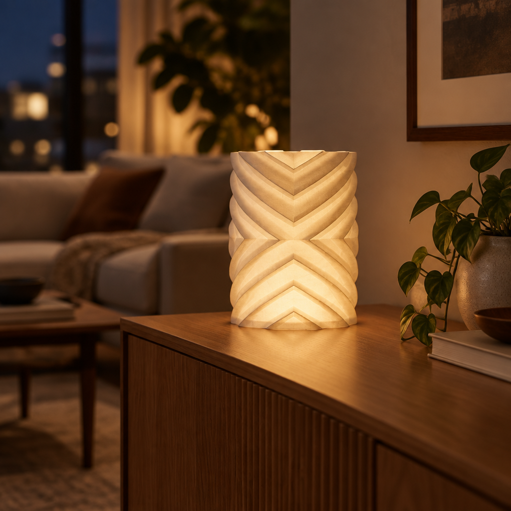 Geometric lampshade glowing on a modern living room sideboard in the evening