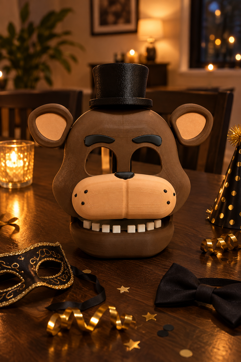 Brown bear Five Nights at Freddy's mask with black top hat on a dark dining table