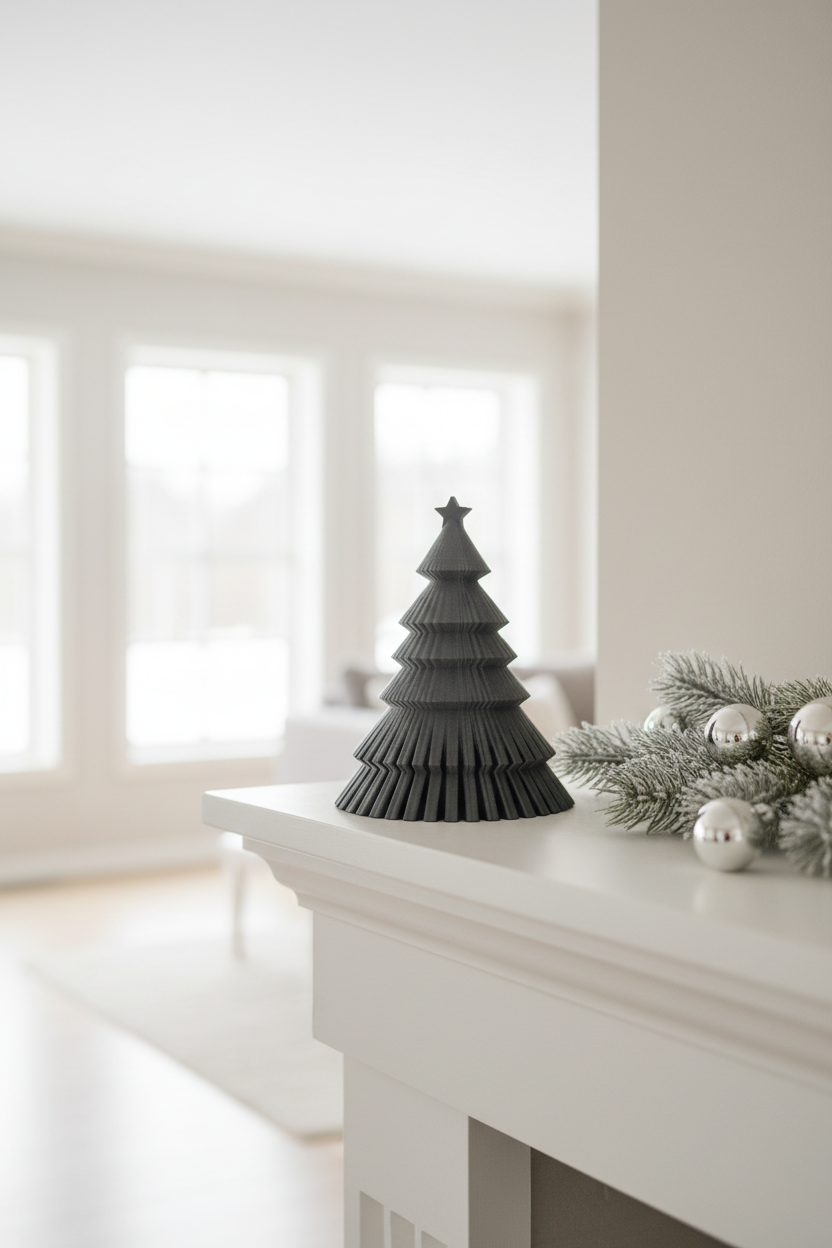 Dark grey ribbed Christmas tree on white mantelpiece Scandi interior
